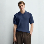 RIBBED KNIT POLO SHIRT Navy Blue